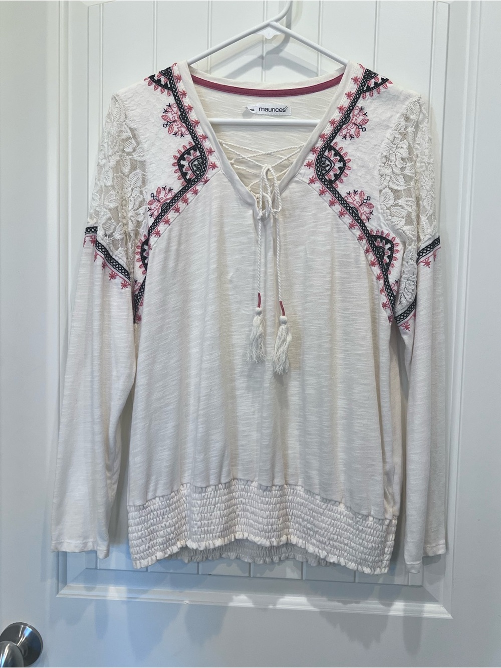 Maurices Embroidered Lace Tassel Tie Peasant Top Cream Coral Black 1X